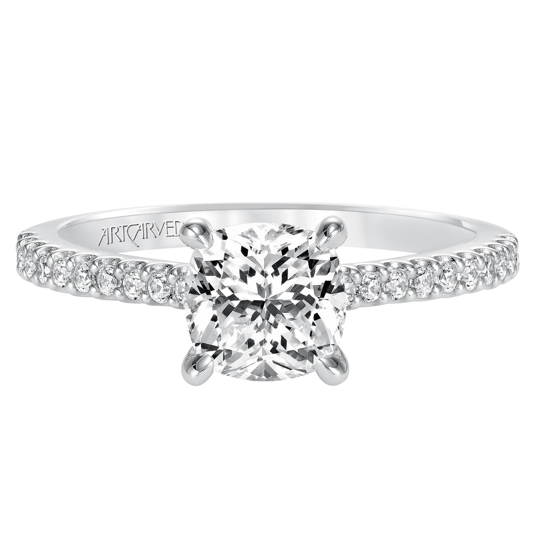 Willa, Classic prong set diamond engagement ring with diamond detailed crown and bridge with diamond accented shank.  Center Stone is not included.