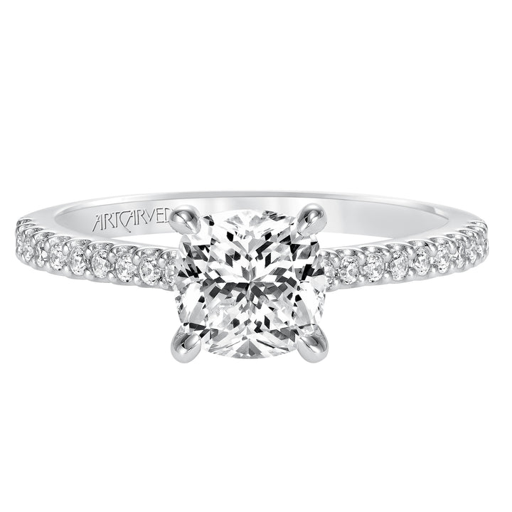 31-V574-E - ARTCARVED - Willa, Classic prong set diamond engagement ring with diamond detailed crown and bridge with diamond accented shank