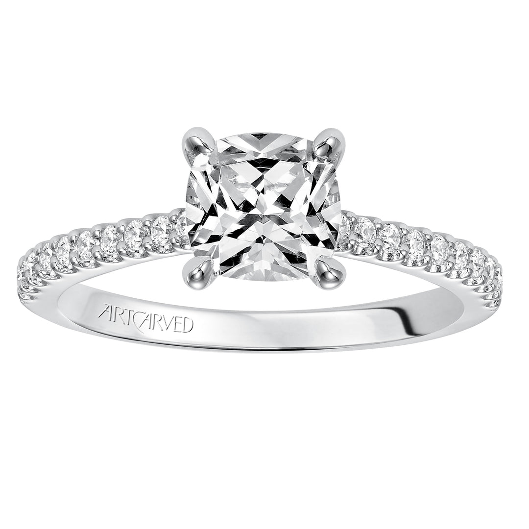 31-V574-E - ARTCARVED - Willa, Classic prong set diamond engagement ring with diamond detailed crown and bridge with diamond accented shank
