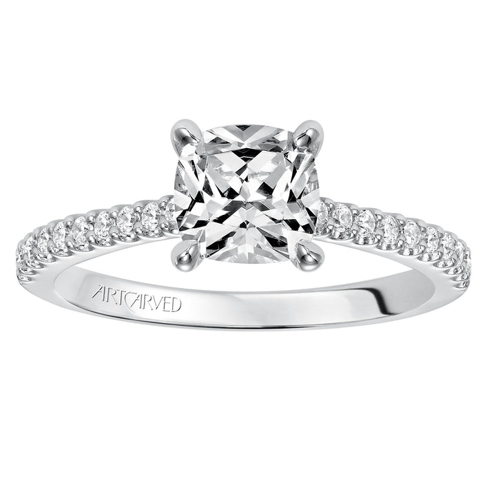 31-V574-E - ARTCARVED - Willa, Classic prong set diamond engagement ring with diamond detailed crown and bridge with diamond accented shank