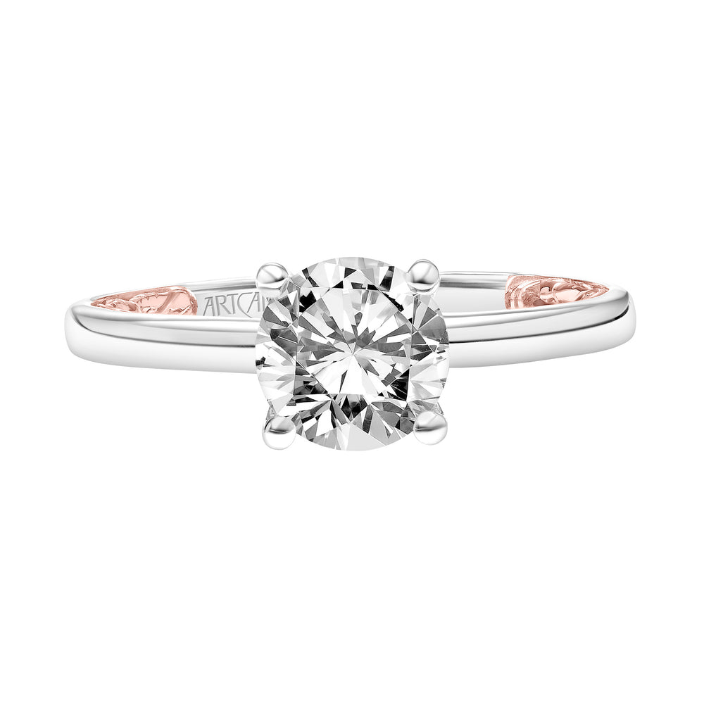 Lyric Solitaire Diamond Engagement Ring with Inner Carved details and Polished Shank.  Center Stone is not included.