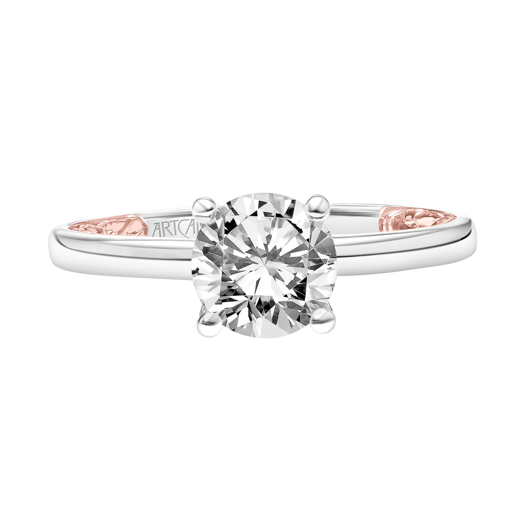 Lyric Solitaire Diamond Engagement Ring with Inner Carved details and Polished Shank.  Center Stone is not included.