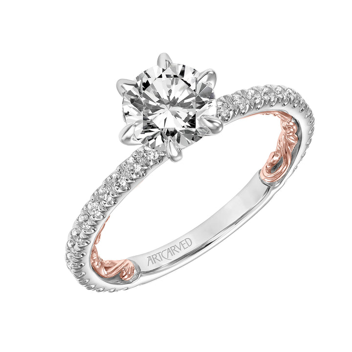 31-V909-E - ARTCARVED - Lyric Engagement Ring with Six Prong Setting and Inner Carved details and Diamond Shank