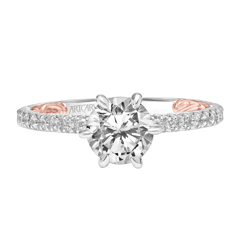 Lyric Engagement Ring with Six Prong Setting and Inner Carved details and Diamond Shank.  Center Stone is not included.