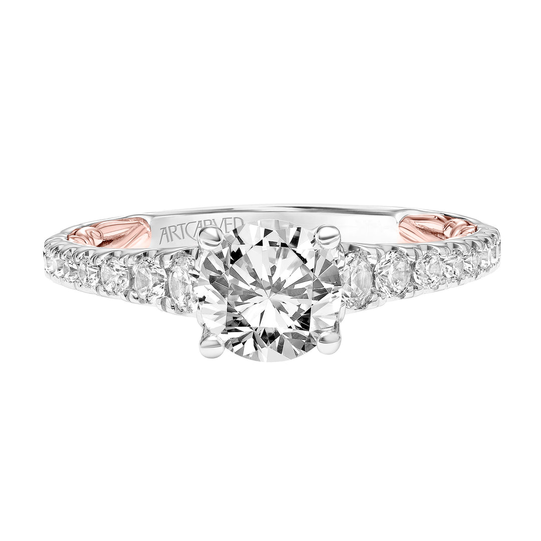 31-V911-E - ARTCARVED - Lyric Engagement Ring with Diamond Accent basket and Inner Carved details and Graduated Diamond Shank