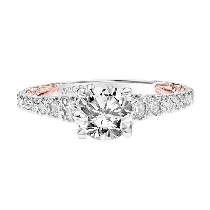 31-V911-E - ARTCARVED - Lyric Engagement Ring with Diamond Accent basket and Inner Carved details and Graduated Diamond Shank