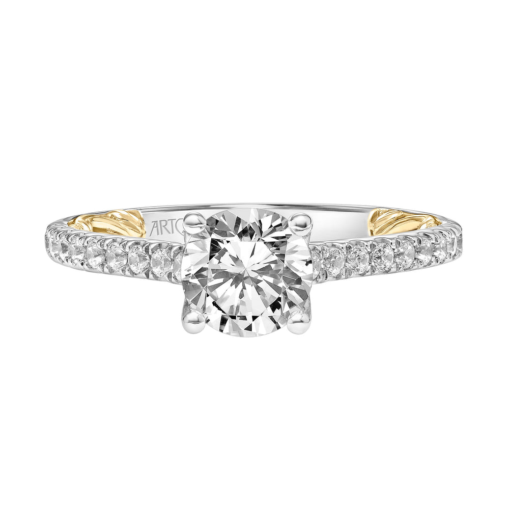 31-V912-E - ARTCARVED - Lyric Engagement Ring with Diamond Accent basket and Inner Carved details and Graduated Diamond Shank