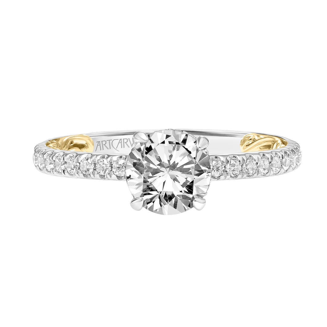 Lyric Engagement Ring with Hidden Diamond Halo and Inner Carved details and Diamond Shank.  Center Stone is not included.