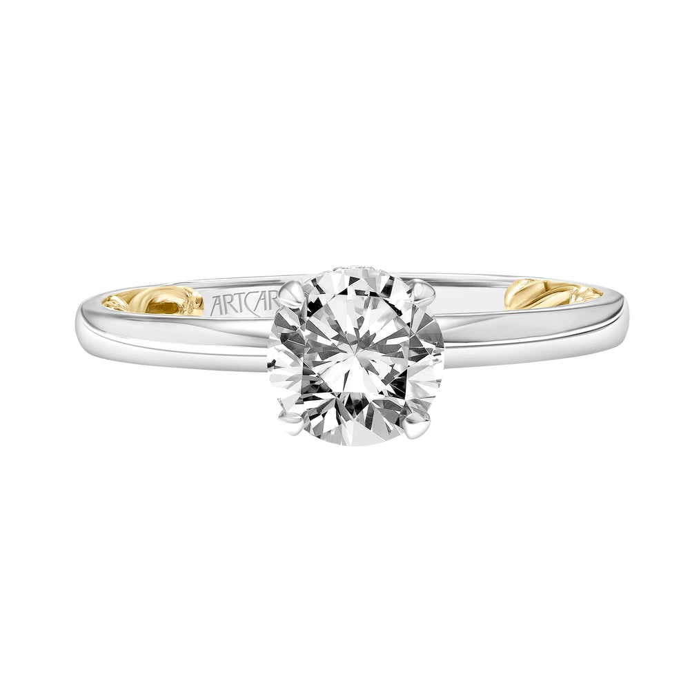 Lyric Solitaire Diamond Engagement Ring with Hidden Diamond Halo and Inner Carved details and Polished Shank.  Center Stone is not included.