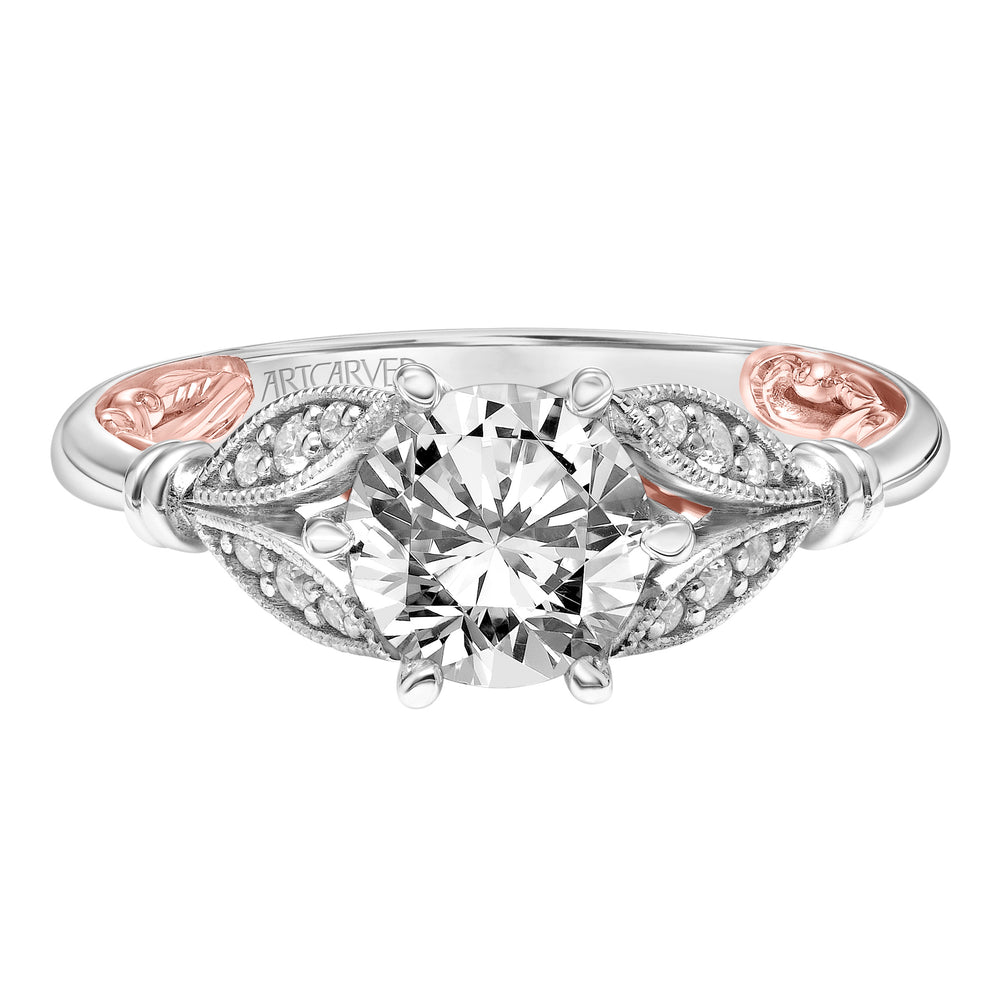 31-V916-E - ARTCARVED - Lyric Engagement Ring with Six Prong Setting and Inner Carved details and Milgrian Petal Accents with Polished Shank