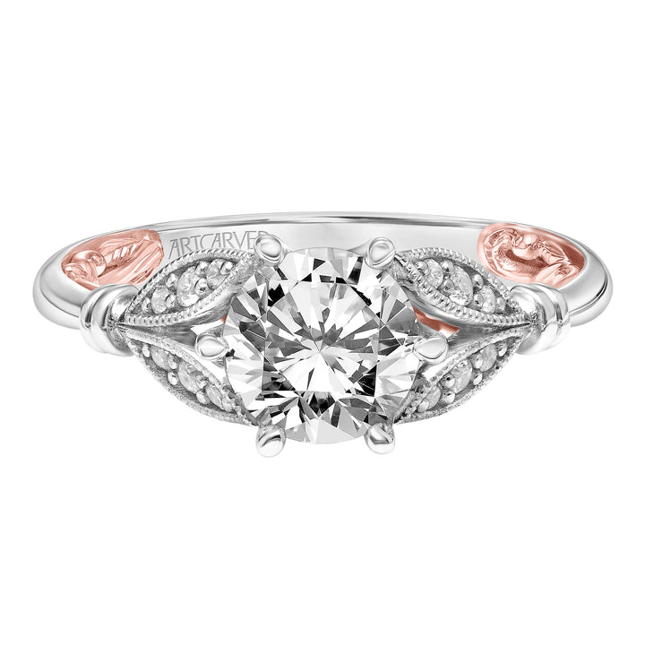 31-V916-E - ARTCARVED - Lyric Engagement Ring with Six Prong Setting and Inner Carved details and Milgrian Petal Accents with Polished Shank