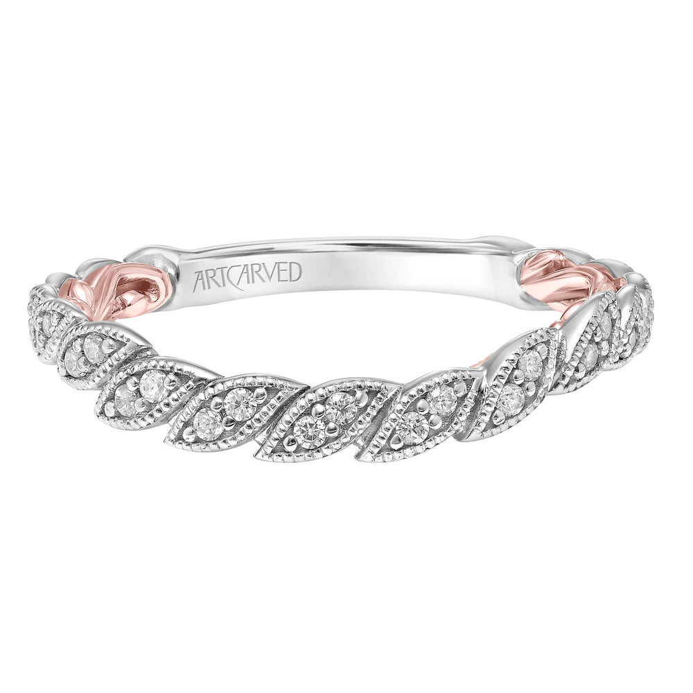 31-V916-L - ARTCARVED - Lyric Curved Wedding Band with Milgrain Vine Motif Diamond Accents