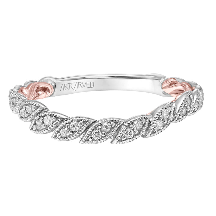 31-V916-L - ARTCARVED - Lyric Curved Wedding Band with Milgrain Vine Motif Diamond Accents