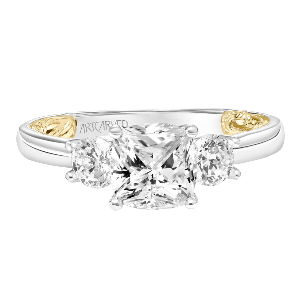 Lyric 3-Stone Engagement Ring with Inner Carved details and Polished Shank.  Center Stone is not included.