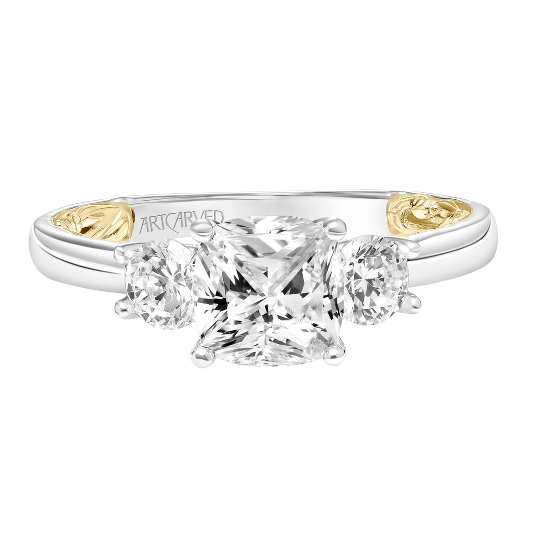 Lyric 3-Stone Engagement Ring with Inner Carved details and Polished Shank.  Center Stone is not included.
