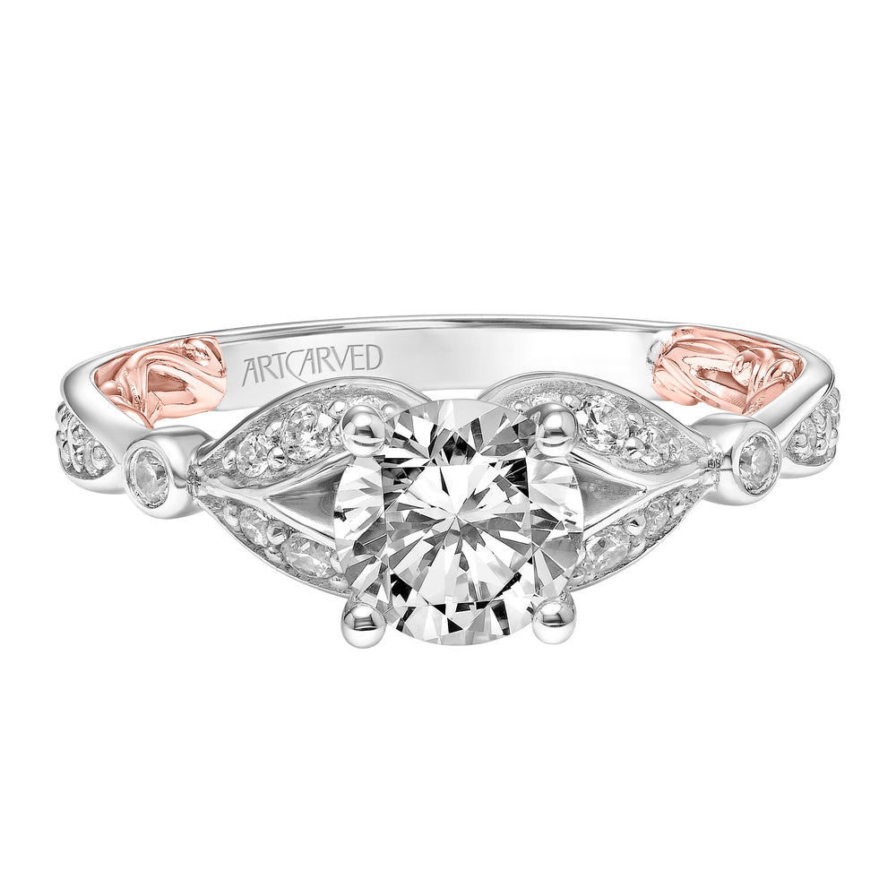 Lyric Engagement Ring with Inner Carved details and Milgrain Petal Accents and Diamond Shank.  Center Stone is not included.