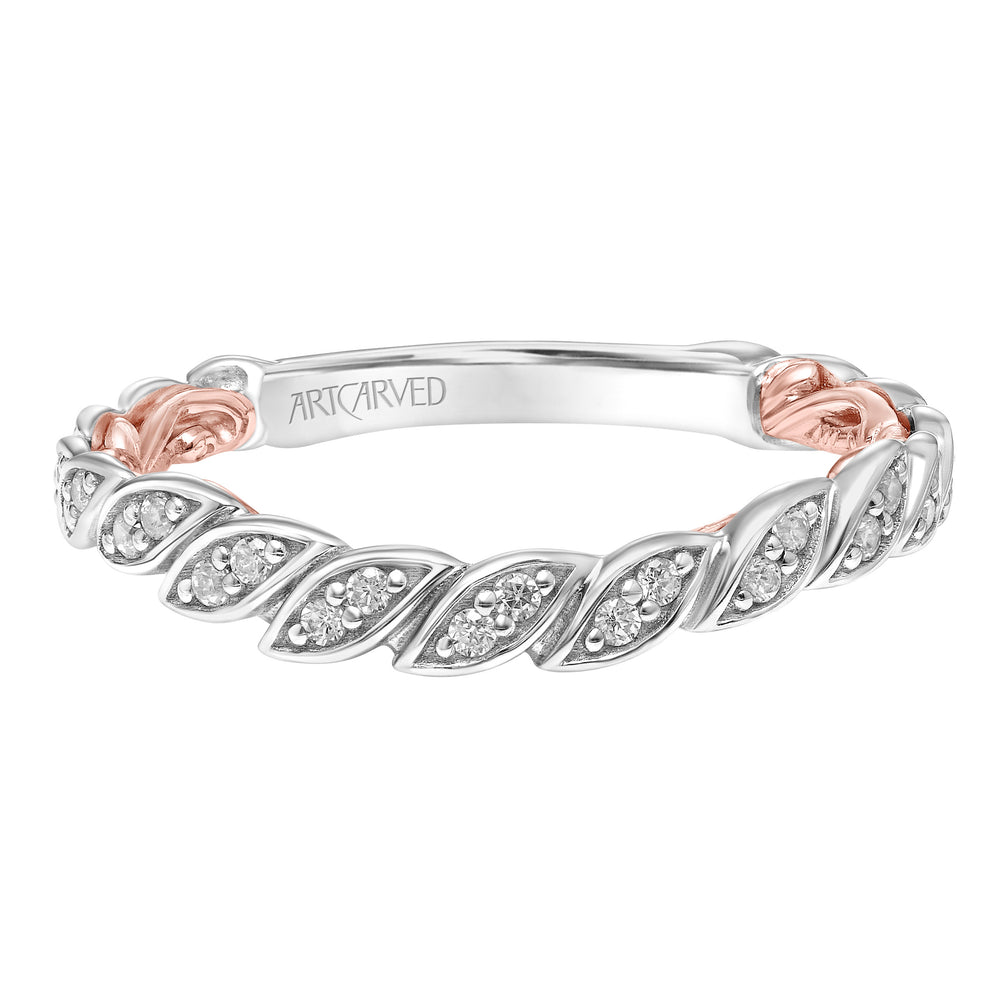 31-V918-L - ARTCARVED - Lyric Curved Wedding Band with Milgrain Vine Motif Diamond Accents