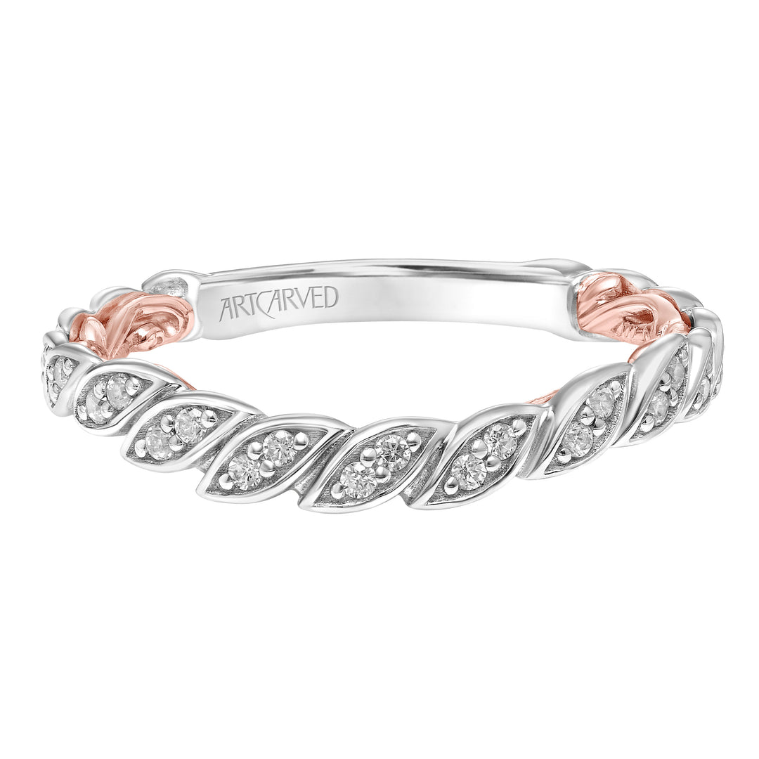 Lyric Curved Wedding Band with Milgrain Vine Motif Diamond Accents