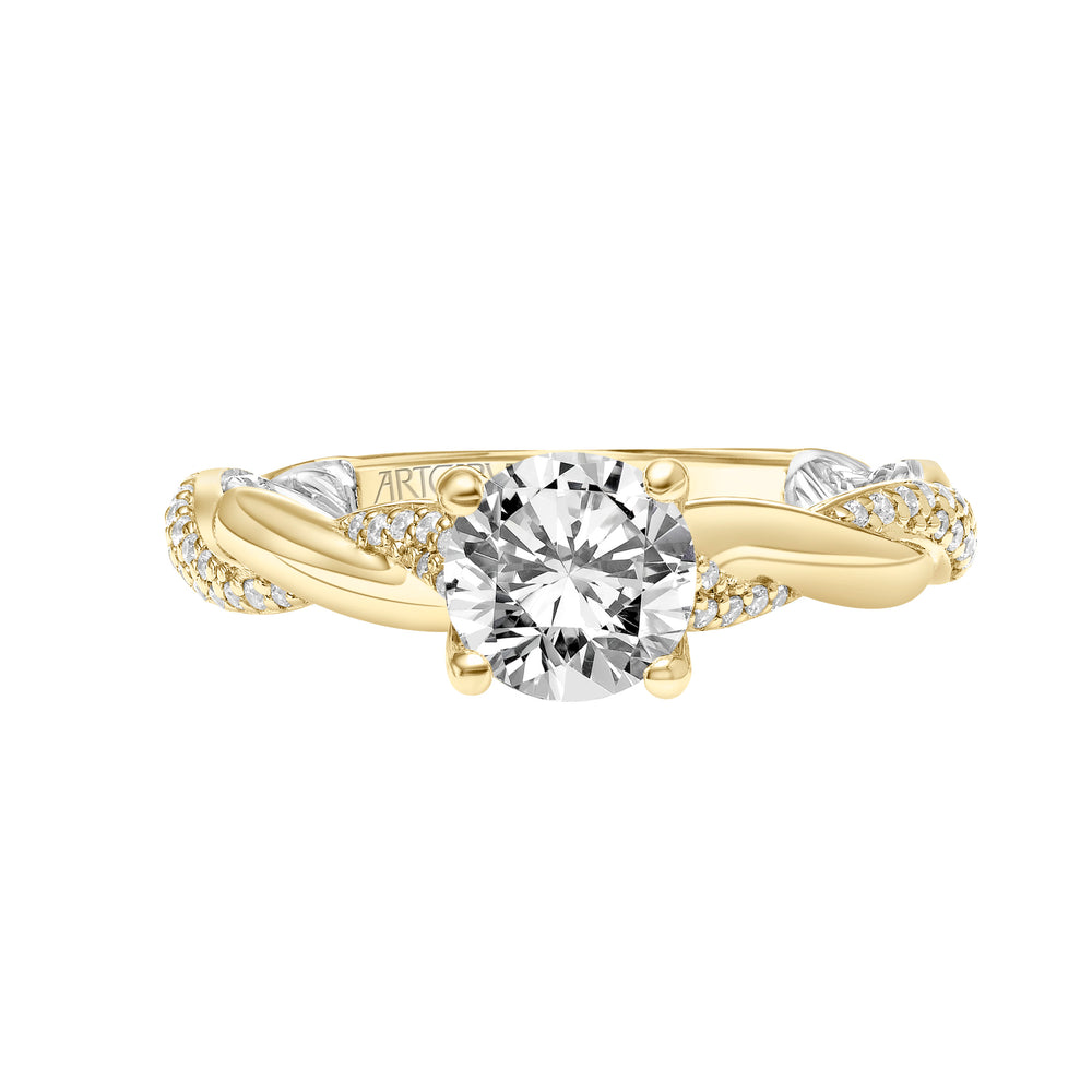 31-V920-E - ARTCARVED - Lyric Engagement Ring with Diamond Accent basket and Inner Carved details with Alternating Diamond and Polish Twist Shank