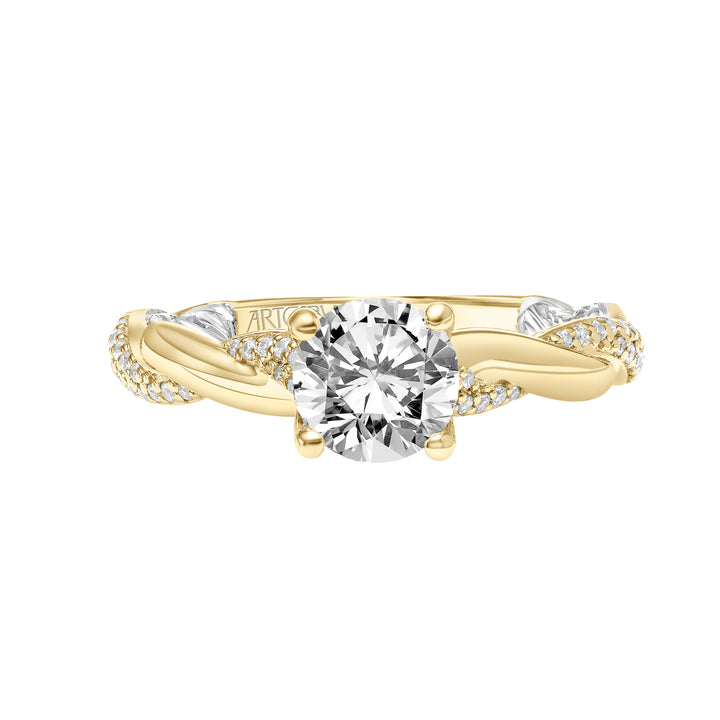 31-V920-E - ARTCARVED - Lyric Engagement Ring with Diamond Accent basket and Inner Carved details with Alternating Diamond and Polish Twist Shank
