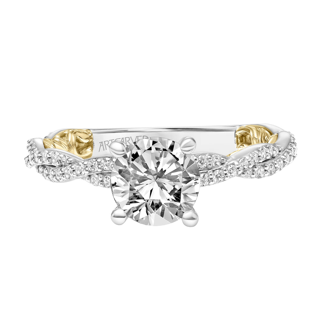 Lyric Engagement Ring with Diamond Collar and Inner Carved details and Twist Diamond Shank.  Center Stone is not included.