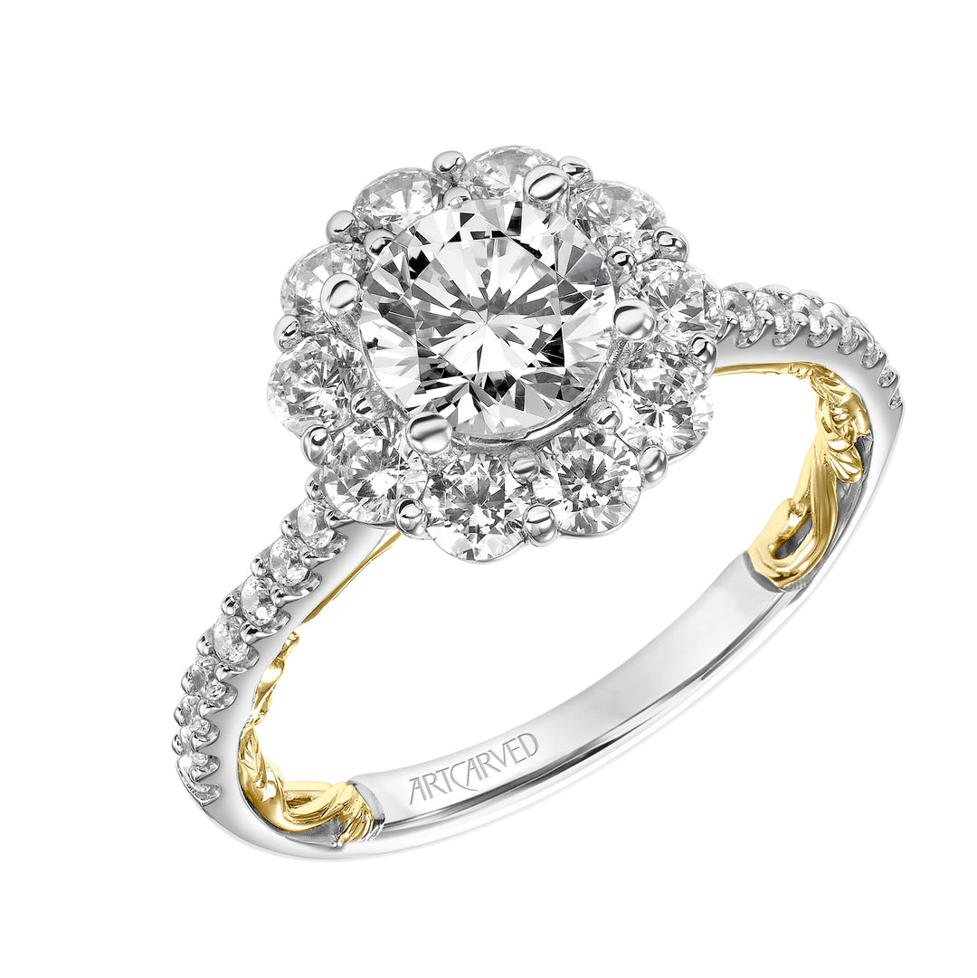 Lyric Engagement Ring with Round Diamond Halo and Accented Diamond Gallery with Inner Carved details and Diamond Shank