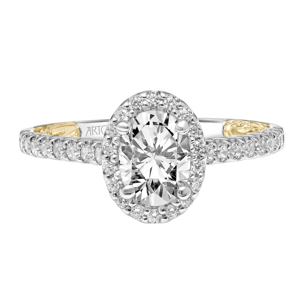 31-V928-E - ARTCARVED - Lyric Engagement Ring with Oval Diamond Halo and Accented Diamond Gallery with Inner Carved details and Diamond Shank
