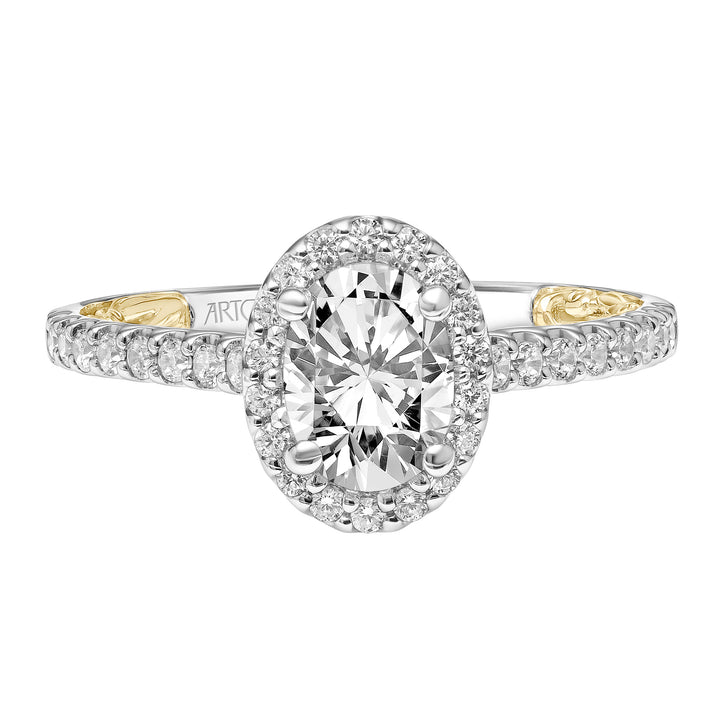 31-V928-E - ARTCARVED - Lyric Engagement Ring with Oval Diamond Halo and Accented Diamond Gallery with Inner Carved details and Diamond Shank