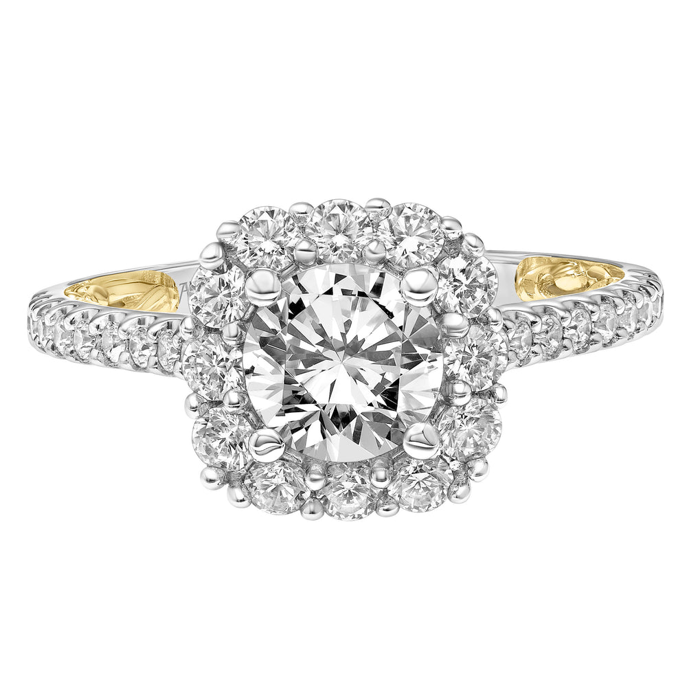Lyric Engagement Ring with Cushion Diamond Halo and Accented Diamond Gallery with Diamond Shank.  Center Stone is not included.