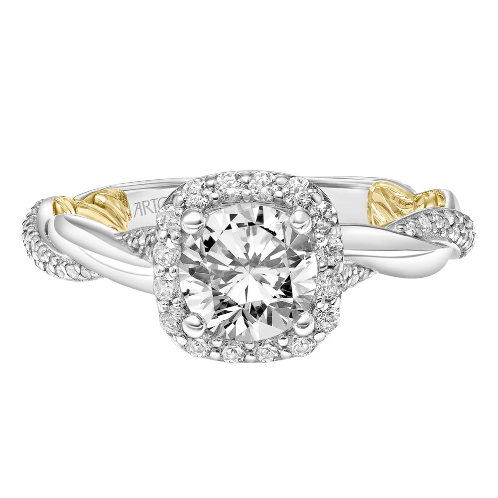 Lyric Engagement Ring with Cushion Diamond Halo and Accented Diamond Gallery with Twist Diamond and Polished Shank.  Center Stone is not included.