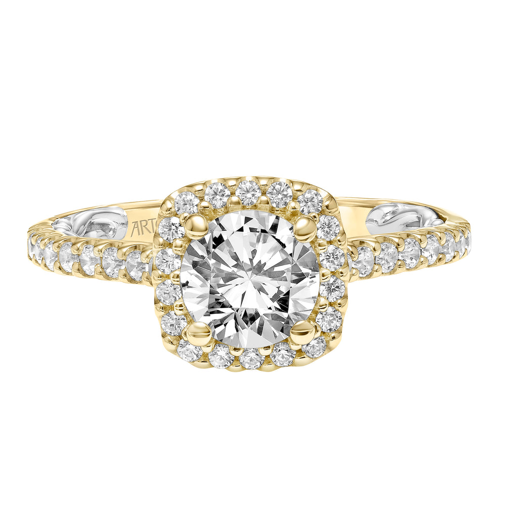 31-V934-E - ARTCARVED - Lyric Engagement Ring with Cushion Diamond Halo and Accented Diamond Gallery with Diamond Shank
