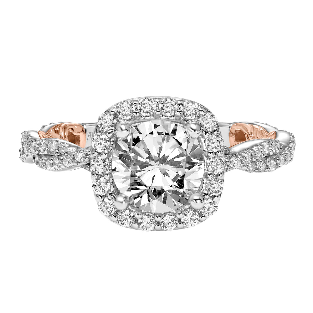 31-V955-E - ARTCARVED - Lyric Engagement Ring with Cushion Diamond Halo and Accented Diamond Gallery with Inner Carved details and Diamond Shank