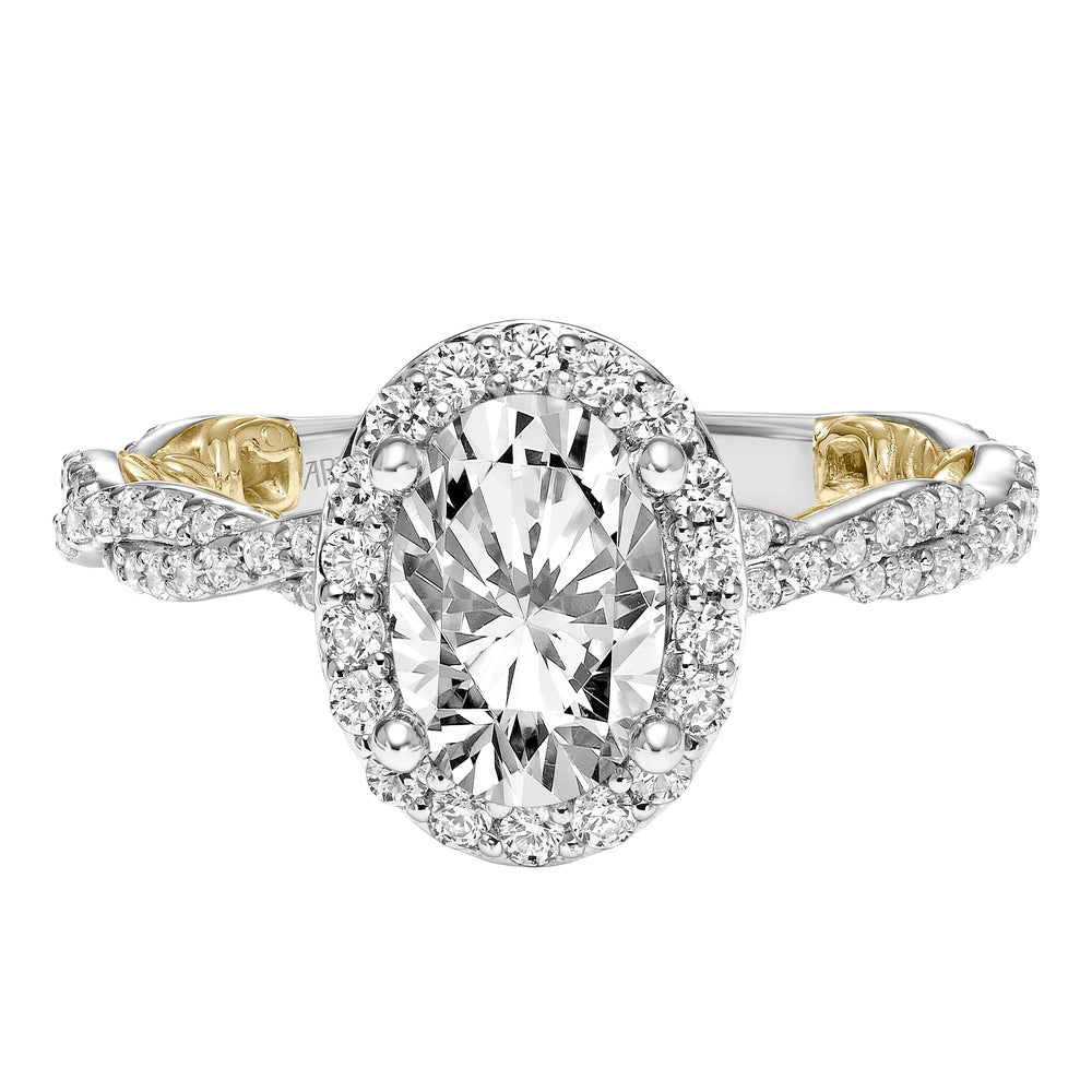 31-V959-E - ARTCARVED - Lyric Engagement Ring with Oval Diamond Halo and Accented Diamond Gallery with Inner Carved details and Diamond Shank
