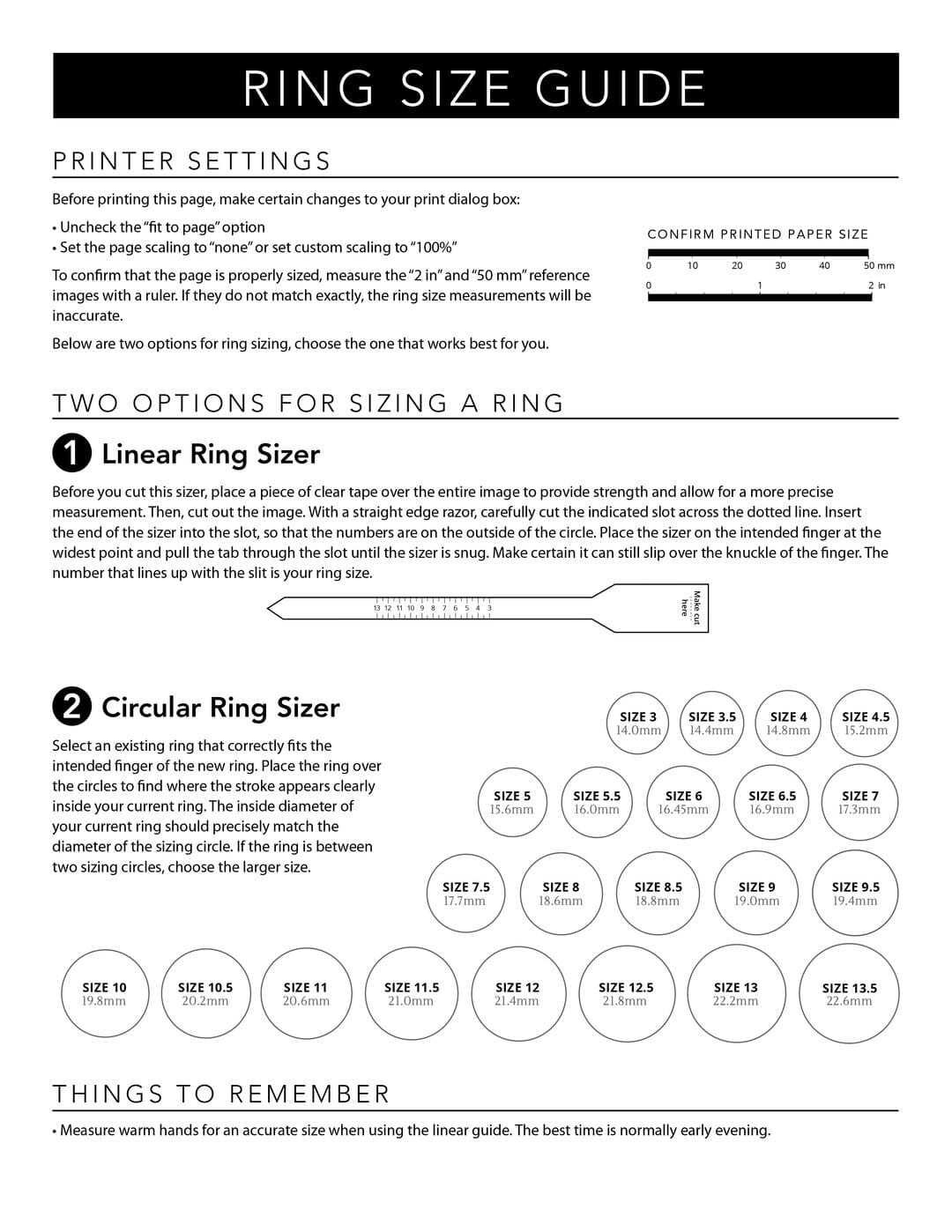 FREE PRINTABLE RING FINGER SIZE CHART