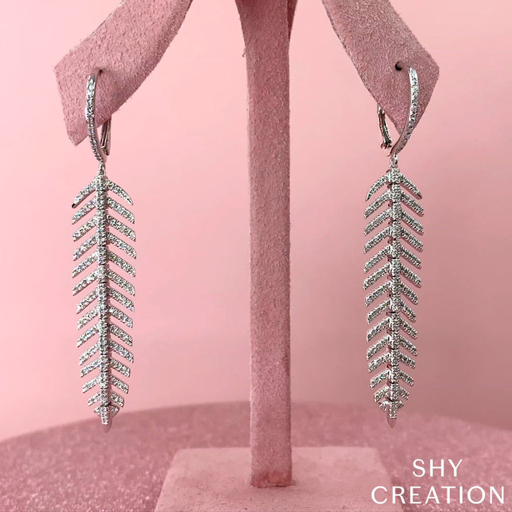 DIAMOND 'Phoenix' Drop FEATHER EARRING - Short